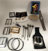 11 - BELT BUCKLES, EARRINGS, WATCH (R8)