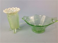 Vaseline opalescent glass vase, green depression