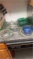 Pyrex bowls, green casserole, lids