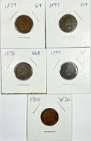 (5) Indian Head Cent Lot 1879,1897,1898,1899,1900