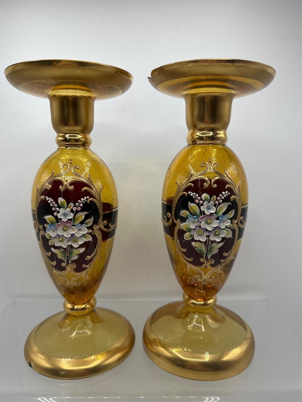 Amber Bohemian glass enameled candlestick holders