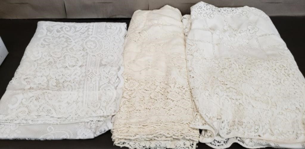 Lot of 3 Lace Tablecloths. 1 Needs Cleaning &