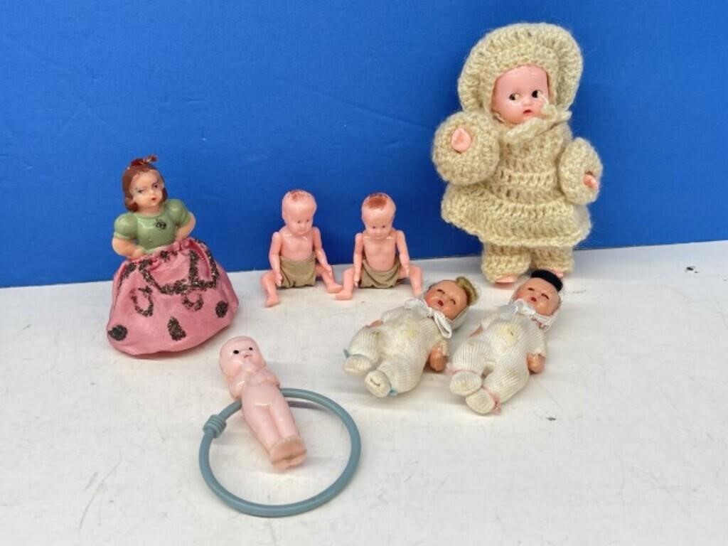 6 Vintage Miniature Dolls And 1 Mechanical Lady