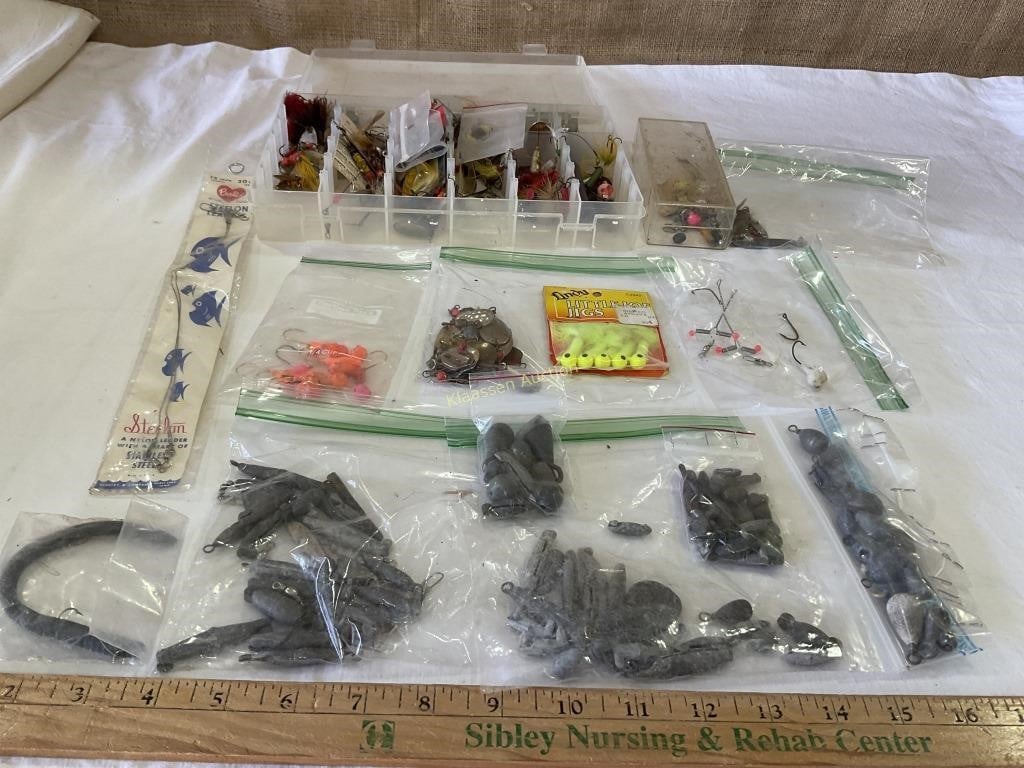 Box of Spinners, Jigs, Leads, weights, more
