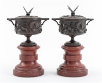Neoclassical Bronze Covered Urns on Marble, Pair