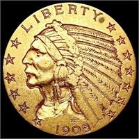 1908 $5 Gold Half Eagle CLOSELY UNCIRCULATED