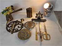Vintage brass items - Italian scissors, menorah,