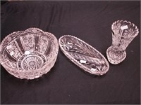 Three pieces of cut glass: 9" serving bowl,
