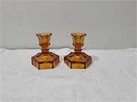 Fostoria Amber Liberty Bell Glass Candleholders