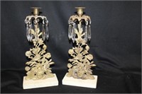 Pair of Brass & Marble Antique Candleholders