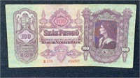 1930 AU Budapest Hungary 100 Pengo Note World