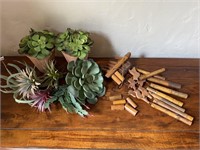 Assortment of faux succulents w/ bamboo wind chime