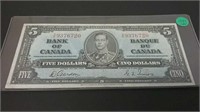 1937 Bank Of Canada 5 Dollar Banknote