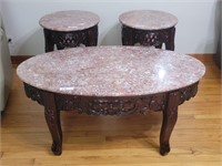 2 END TABLES/COFFEE TABLE-ORINATE WOOD/MARBLE TYPE