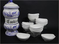 Ceramic Blue & White Cookie Container & Side Bowls