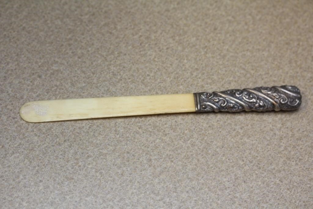 Very Ornate Bone and Sterling Handle Letter Opener