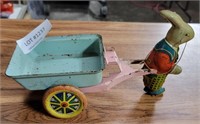 VTG. TIN BUNNY PULLING WAGON TOY