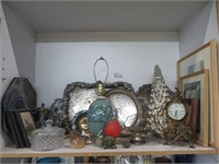 SHELF LOT SILVER PLATE WARE, CLOCKS, PICTURES