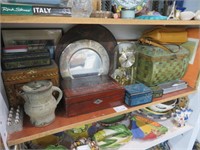 SHELF LOT CLOCKS, BASKETS, ETC