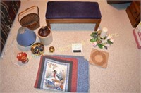 Small Bench w/ Storage, Quilt, Jug, Lamp