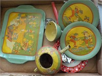 box of various children's early tin tea set