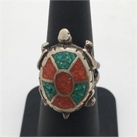 Sterling Silver, Turquoise & Coral Turtle Ring