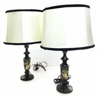 Pair Asian Style Brass Table Lamps W/ Shades