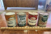 (4) Quaker State & Esso Cans- 3 Empty and 1 Full