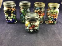 Five Jars Filled With Vintage Assorted Marbles