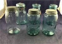 Six Vintage Blue Mason Style Quart Jars, Half