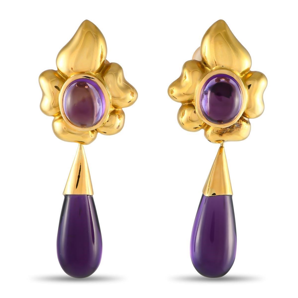 18K Yellow Gold Amethyst Flower Drop Earrings