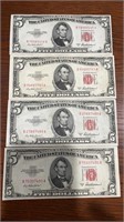 Series 1953 $5.00 Bills Red Seal, (4) Series A
