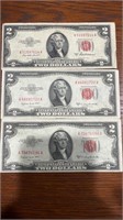 1953 $2.00 Bills Red Seal (1) Series A and (2) B