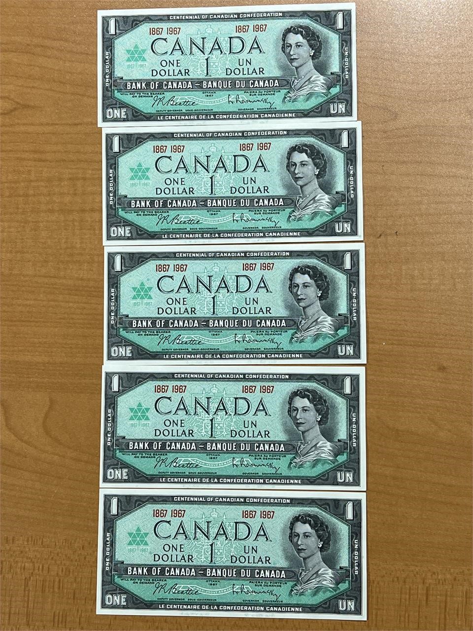 5- 1967 Cdn UNC Centennial Dollar Bills