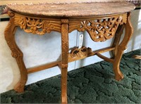 Ornate solid wood 1/2 Moon table w/ marble top