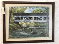 Framed covered bridge w/ducks 24 1/4" x 301/4