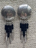 Sterling Silver & Black Bead Zuni Bear Earrings