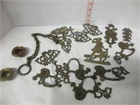 BOX OF OLD BRASS CABINET PULLS & HARDWARE ETC.