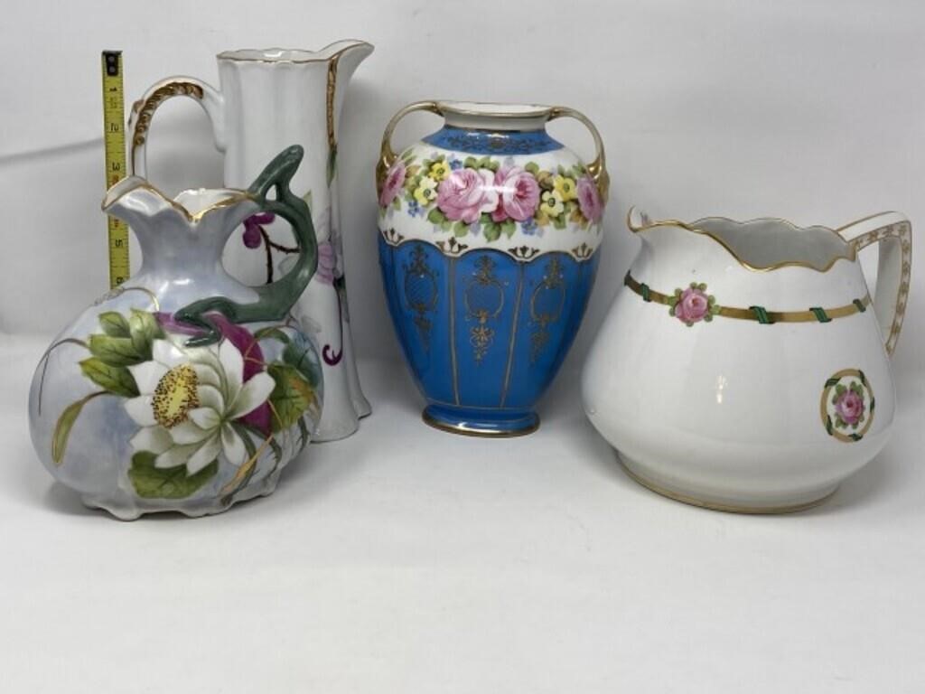 4 Ornate Hand Painted Vases - Pitcher