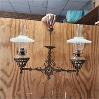 BRASS DOUBLE HANGING OIL LAMPS WITH SHADES