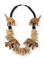 Vintage Wooden Carved Elephant & Leopard Necklace