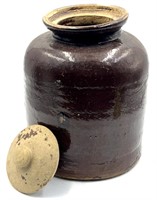 Antique Brown Stoneware Lidded Canning Crock