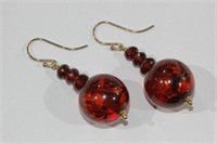 Pair of 9ct amber & almandine garnet drop earrings