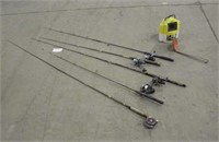 (4) Spinning Rods, (1) Fly Rod, Ice Fishing Scoop