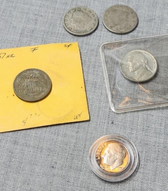 Assorted coins, 2 V Nickels, 1987-s Roosevelt