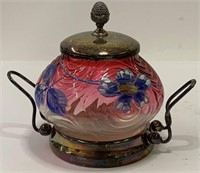 Enamel Decorated Amberina Jar W/silver Plate Stand