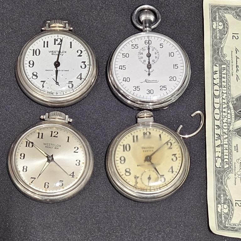 3 Pocket Watches & A Stop Watch