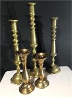 (5) Large Brass Candleholders Lot 9”-24”