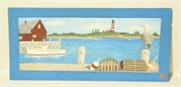 Painted wooden panel with lighthouse and