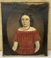 1850 folk art portrait of child in red dress -